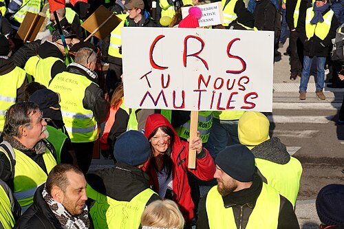 Pancarte manuscrite « CRS, tu nous mutiles » tenue dans un cortège.