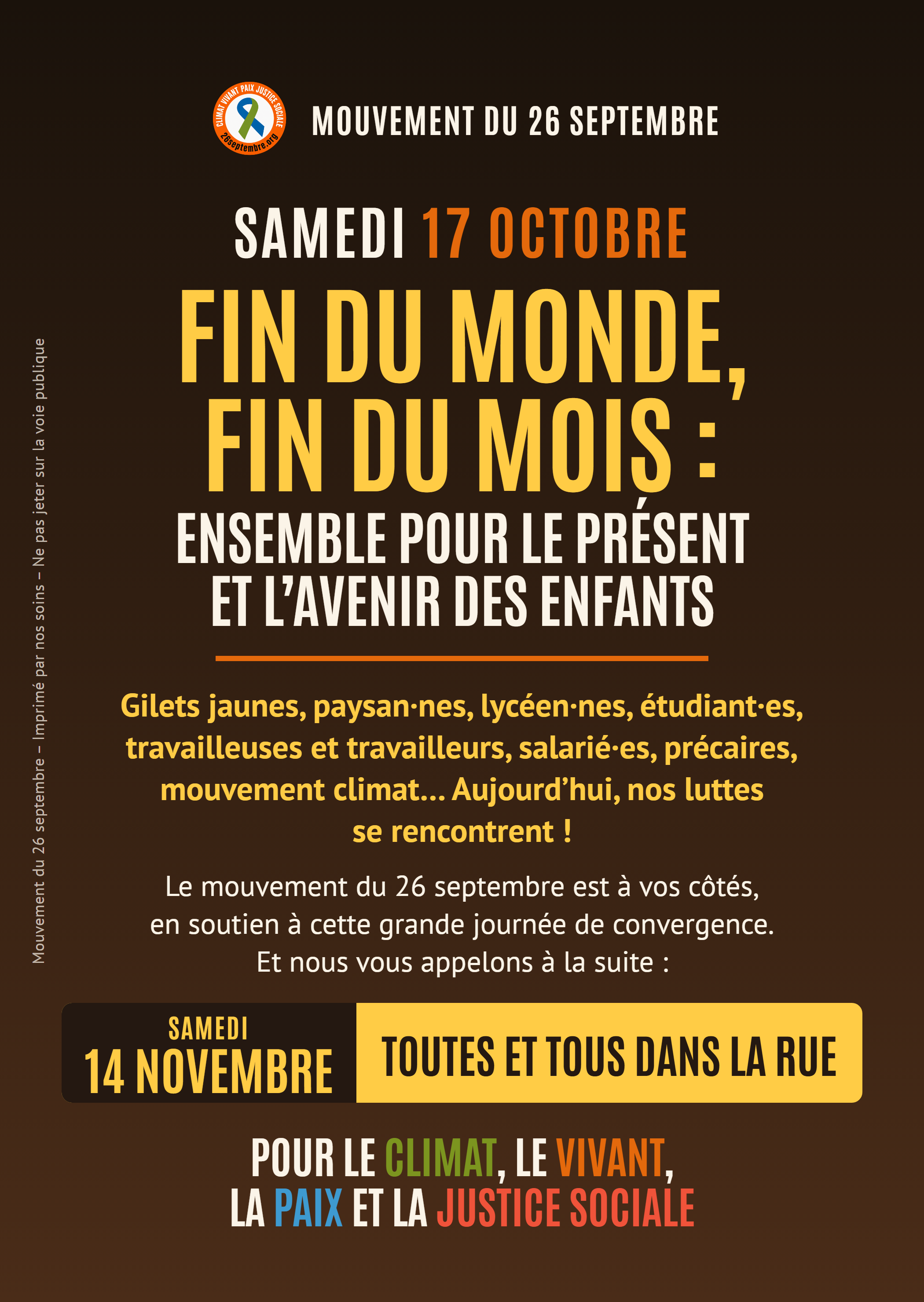 Recto du tract du mouvement du 26 septembre : samedi 17 octobre, fin du monde, fin du mois, ensemble pour le présent et l’avenir des enfants ; rendez-vous le samedi 14 novembre.