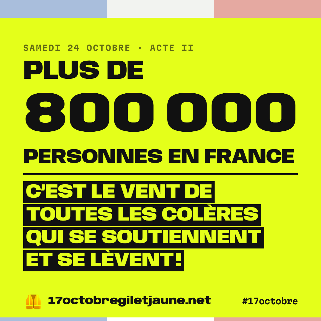 Samedi 24 octobre, acte II : plus de 800 000 personnes en France. C'est le vent de toutes les colères qui se soutiennent et se lèvent ! 17octobregiletjaune.net, #17octobre.